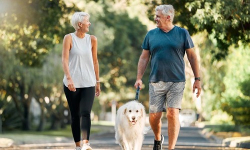 Plaza Museum District is a pet-friendly community! a man and a woman walking a dog on a leash